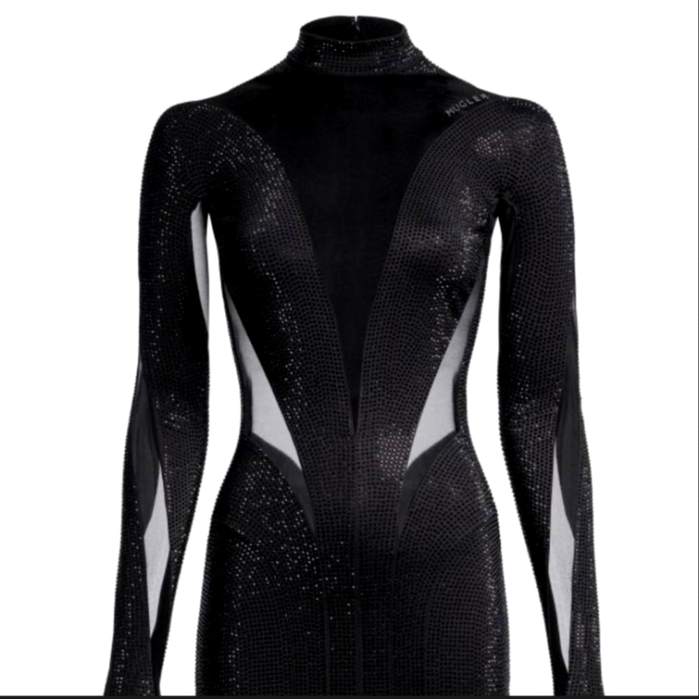 Mugler HM black mini dress in rhinestone-embellished stretch jersey sz S, NWT